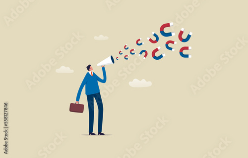 Magnet Marketing Strategy. Powerful way to brand company and promote products. Businessman holding a megaphone releasing magnetic power attracting marketing efficiency. Illustration