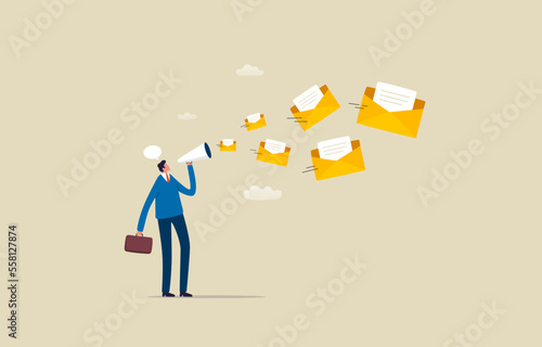 Digital or Email marketing. Sending email newsletter for discount or promotion. Public relations for marketing members. Businessman holding megaphone standing promoting email marketing.
