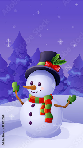 Cute snowman with top hat, scarf, emotional happy face winter evening scenery in cartoon style isolated on white background. Christmas character, winter decoration