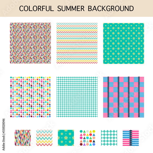 set of simple abstract geometric shapes patterns seamless in warm colors tone for hot summer background