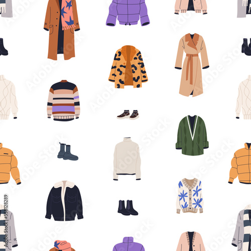 Clothes, apparel pattern. Seamless background with warm winter fashion casual coat, jacket, sweater, repeating print, texture design of modern cold season wardrobe. Printable flat vector illustration