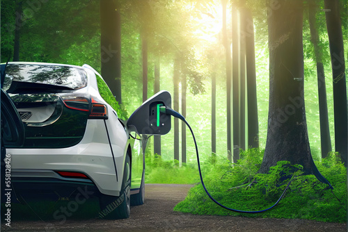 Electric car, clean green energy concept, EV car fefueling in green forest, close up view, illustration