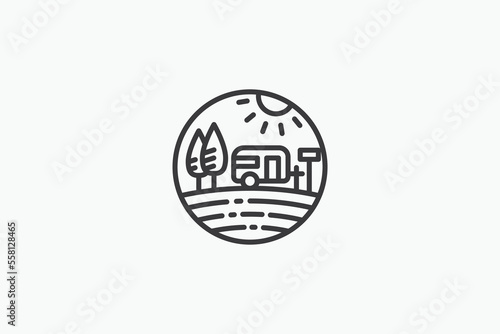 line art rv camping logo with a combination of rv, tree, lands and sun.