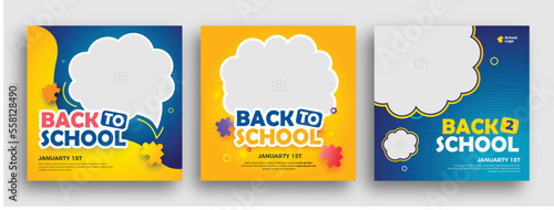 Set of three blue yellow organic fluid background of back to school social media pack template premium vector