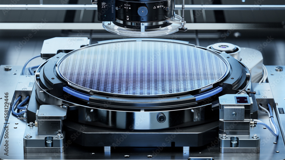 Silicon Wafer during Photolithography Process. Shot of Lithography