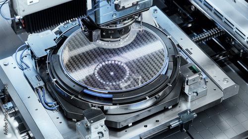 Silicon Wafer inside Photolithography Machine. Shot of Lithography Process that allows to Create Complex Patterns on a Wafer during Semiconductor and Computer Chip Manufacturing at Fab or Foundry. photo