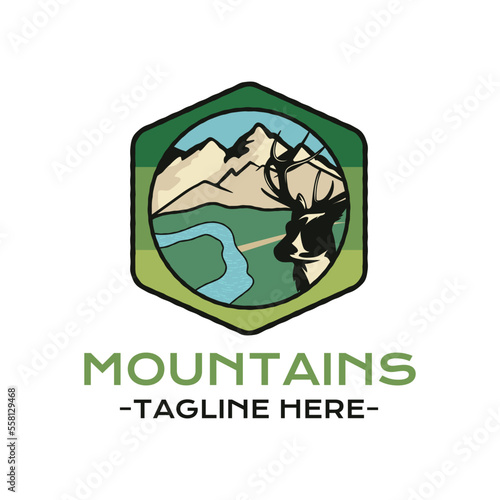 Mountain Adventure badge design with mountains and reindeer. Travel logo graphics. Stock vector camping label