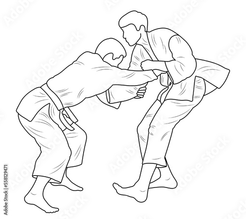 Sketch judoist, judoka athlete duel, fight, judo, pack of sport figure silhouette outline