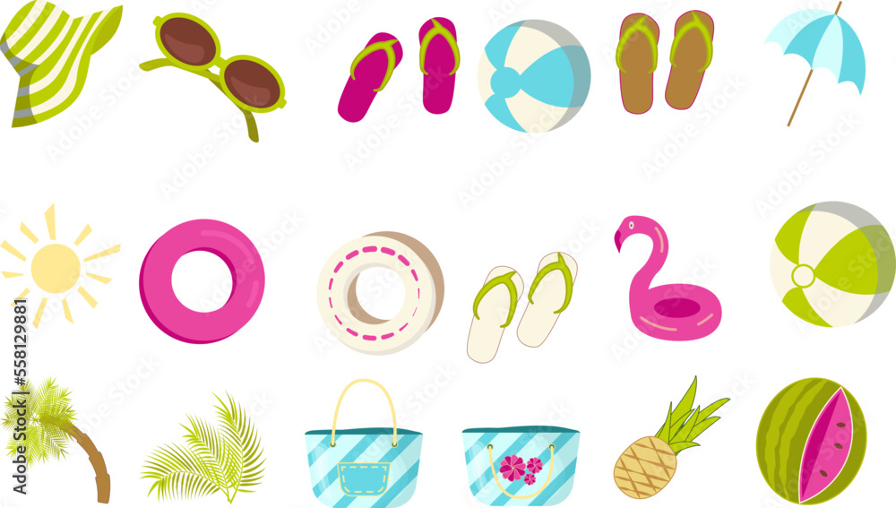 Clipart with icon pack of summer beach accessories and fruits