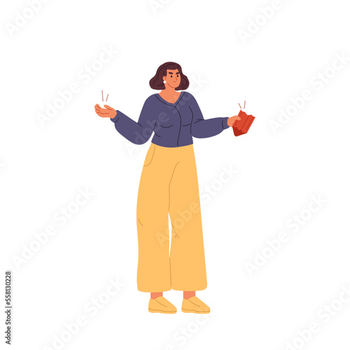 Woman hold empty wallet. Girl has no money, poor on broke. Female suffer from financial crisis