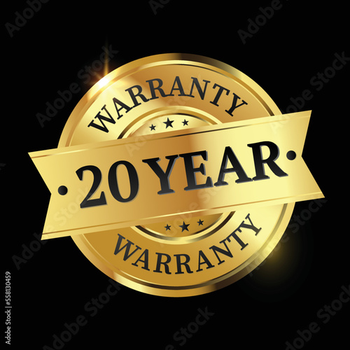 20 year warranty logo with golden shield and golden ribbon.Vector illustration.