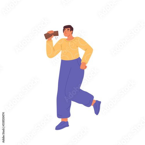 Young man lack money show empty wallet, has no saving, salary at work and income, suffer from crisis