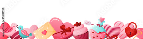 Seamless border decoration, lovely romantic background. Valentines day, Mothers day, wedding vector illustration isolated on white background. Backdrop, wallpaper, textile, fabric, wrapping.