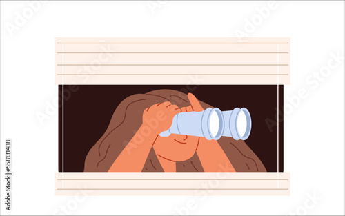 Young woman spying, observing, sneaking. Girl with binocular peeping look through window