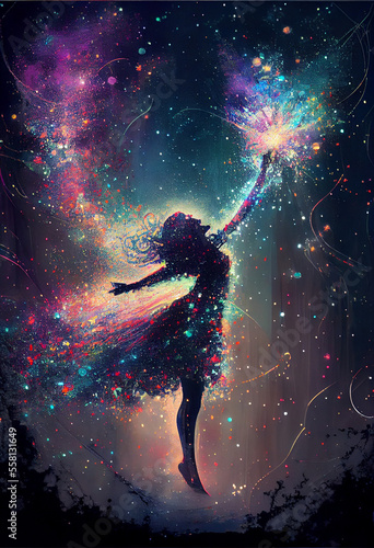 Girl dance silhouette in the colorful sparkling dust Powder and Glitter on Black Background, Generative Ai of Girl Dance Silhouette