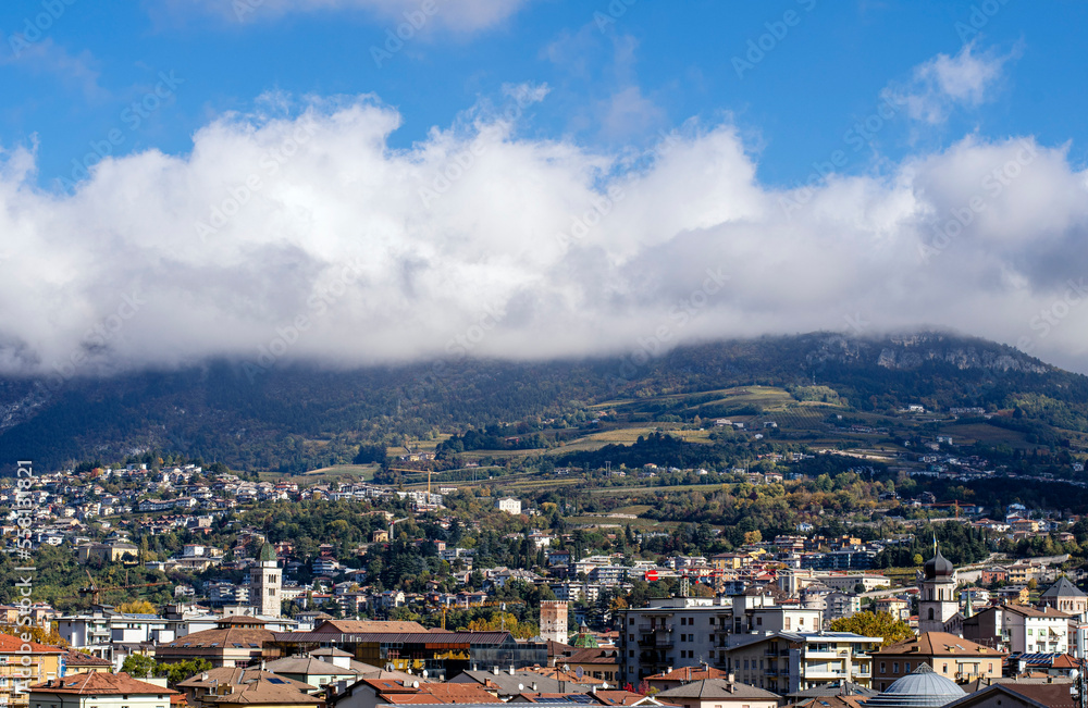 Trento, Italy - October 24th 2020: View of the city of Trento during a sunny day. Top view of the city.