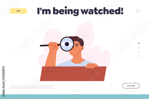 Being watched concept of landing page with curious young man spying, observing, sneaking