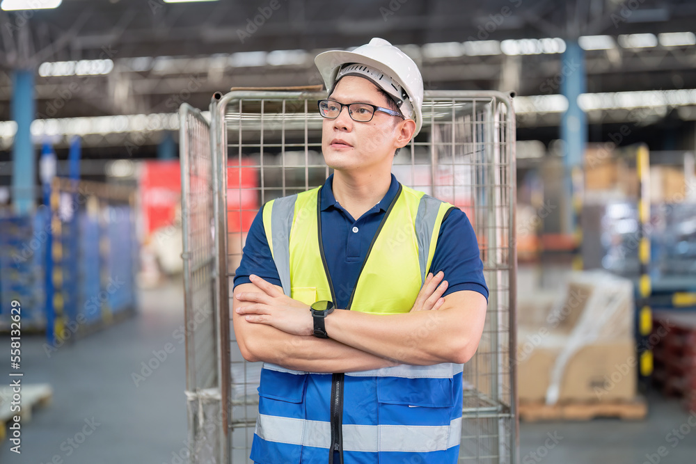Staff working in large depot storage warehouse push manual trolley deliver box stand portrait Staff working in large depot storage warehouse push manual trolley deliver box stand portrait