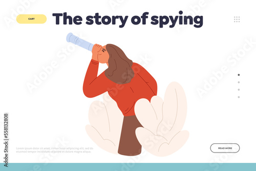 Story of spying concept of landing page with young woman sneaking. Girl look from wall in spy glass