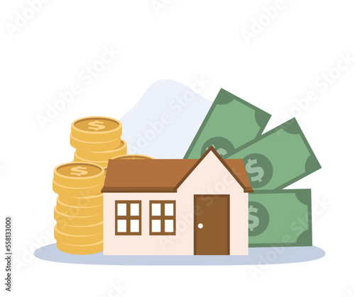 Real Estate Finance concept. Real estate investment. House with stack of coin and banknote.