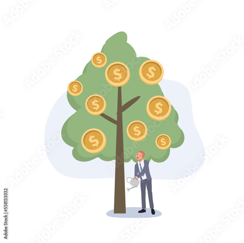 Investors strategy, funding concept. Business investment profit, Businessman watering money tree. Flat vector cartoon character illustration