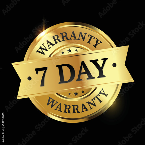 7 day warranty logo with golden shield and golden ribbon.Vector illustration.