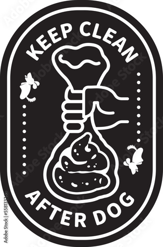 Hand holding bag with dog poop, please keep clean after your pet, pick up and take out.  Black and white decorative style line vector icon. Sticker.