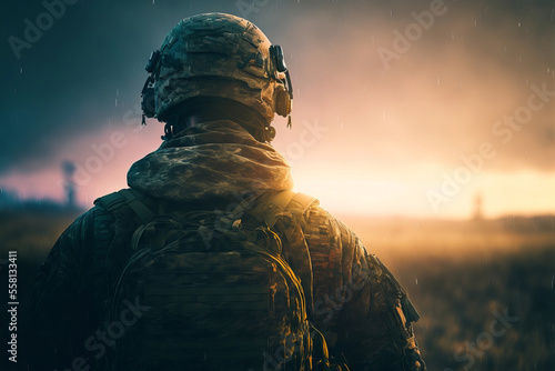 Solider from the back, man in military uniform, camouflage during war, created by generative AI. photo