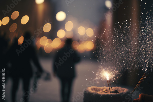 Burning sparkler in the street at night, city background during winter with snow, illustration for celebration concept created by generative AI.