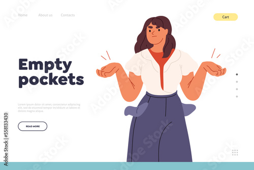 Empty pockets concept of landing page with poor woman has no money savings unpaid at work