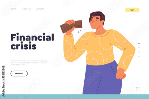 Financial crisis concept of landing page with young man lack money show empty wallet, has no saving