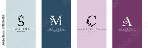 Set Logo of Botanical Minimalistic. capital letter S, M. Letter with Organic Plant Elements. V, A.