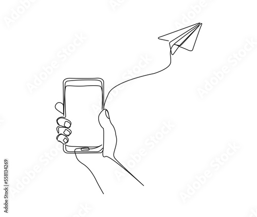 Continuous one line drawing of hand holding smartphone connected with paper plane. Cellphone and plane sign symbol vector illustration.