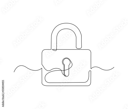Continuous one line drawing of metal padlock. Padlock security sign symbol vector illustration.