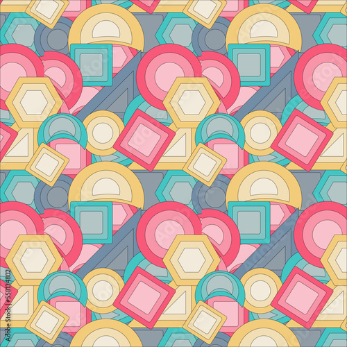 Geometric abstract pattern of pink, brink pink, shadow blue, cadet gray, orange yellow, wheat, green, blue color square, triangle, round, hexagon creatively arranged on white background.Textile design