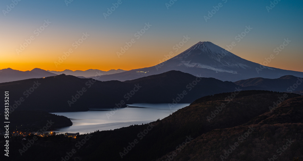 Mountain Lake with Mt. Fuji after Sunset