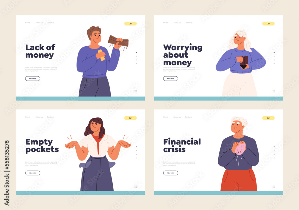 No money and financial crisis concept of landing page with poor men and women hold empty wallet No money and financial crisis concept of landing page with poor men and women hold empty wallet