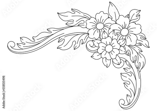 Decorative floral element in baroque style. Black curling plant.