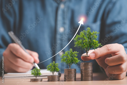 Businessman holding trees growing on increasing coins stacking for money saving and deposit growth from investment profit , Financial banking concept. photo