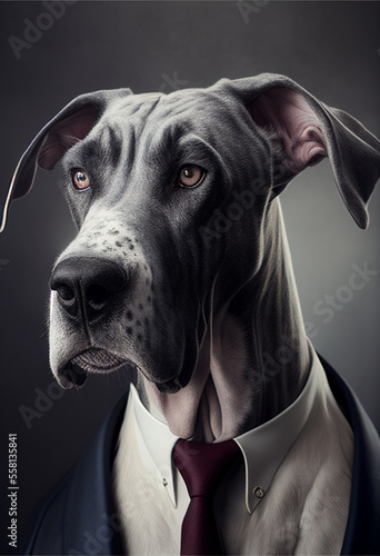 Great Dane dog in a business suit. AI generated
