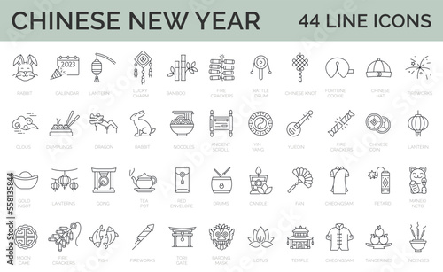 Set of 44 Chinese New Year line  icons. outline editable stroke icons collection. traditional chinese holiday topic. Vector illustration