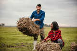 Cheerful male and female farmers working together in the field, having their own business, stacking hale bales.
