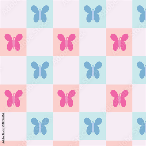 Seamless pattern in pink and blue baby butterflys card. Vector illustration for wrapping paper, print, nursery, poster and wallpapers.