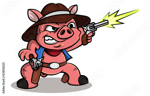 Cartoon illustration of Funny Piglet wearing cowboy outfit, shooting enemy with revolver. best for sticker, logo, and mascot with western cowboy themes