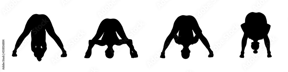 Obraz premium Yoga poses collection. Black shadow. Female woman girl. Vector illustration in cartoon flat style isolated on white background.