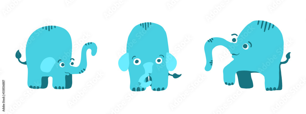 Cute blue elephants set in cartoon flat style. Vector illustration in ...