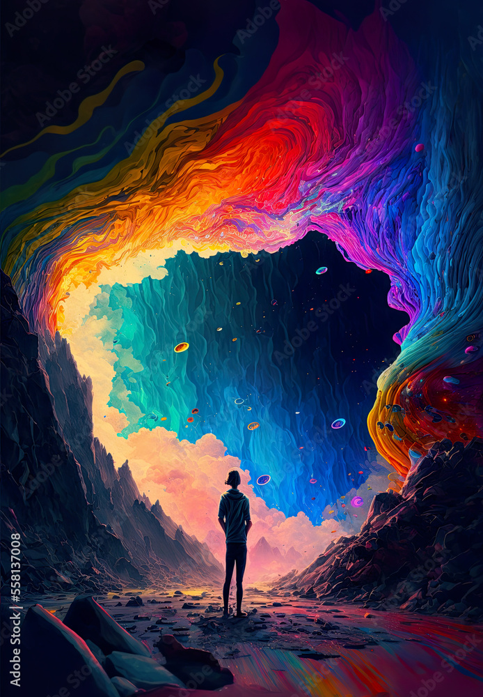 Another dimension, looking to what we do not know or understand, beauty of the cosmos, spirituality, metaphysic, meditation, universe, contemplation, sci-fi, illustration, generative ai, colorful