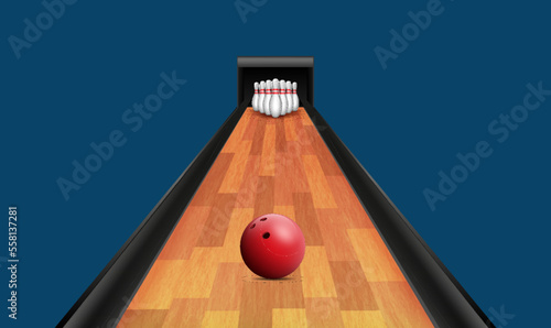 Red ball on bowling alley hitting skittles, dynamic set. Realistic element for leisure or bowling