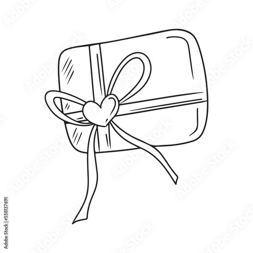 Lovely birthday gift with bow, ribbon, heart in black isolated on white background. Hand drawn vector sketch illustration in simple doodle vintage engraved style. Love, romantic, Valentines day.