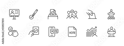 Elections icon set. President, deputy, candidate, ballot, voting, referendum, checkmarks, choice. Voting concept. Vector line icon on white background